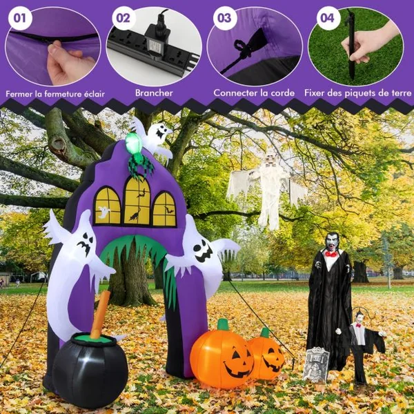 Arche de Château Gonflable d'Halloween de 280 cm de Haut avec Araignée Fantômes Citrouilles Chaudron