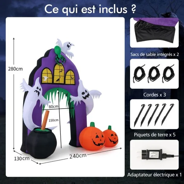 Arche de Château Gonflable d'Halloween de 280 cm de Haut avec Araignée Fantômes Citrouilles Chaudron