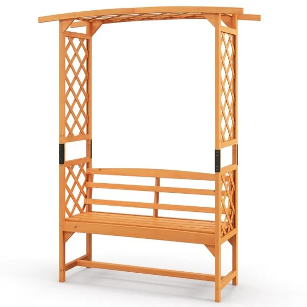 Arche de Jardin avec Banc 2 Places à Charge 300 KG 160 x 50 x 199 cm Siège Décoratif Vigne Rosier en Bois Extérieure Jaune