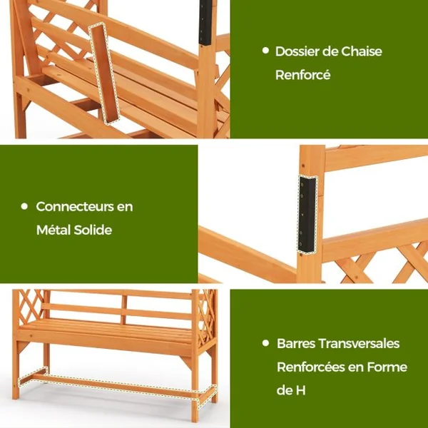 Arche de Jardin avec Banc 2 Places à Charge 300 KG 160 x 50 x 199 cm Siège Décoratif Vigne Rosier en Bois Extérieure Jaune