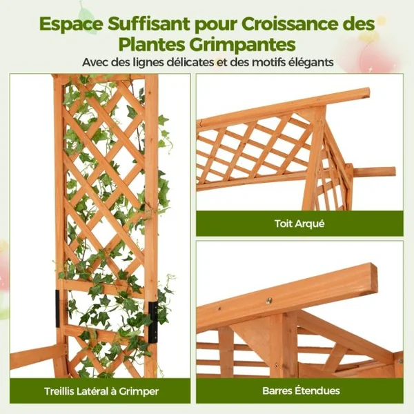 Arche de Jardin avec Banc 2 Places à Charge 300 KG 160 x 50 x 199 cm Siège Décoratif Vigne Rosier en Bois Extérieure Jaune