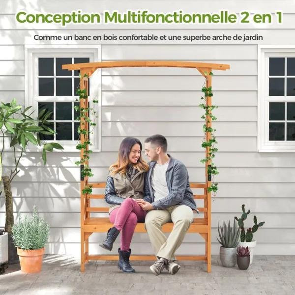 Arche de Jardin avec Banc 2 Places à Charge 300 KG 160 x 50 x 199 cm Siège Décoratif Vigne Rosier en Bois Extérieure Jaune