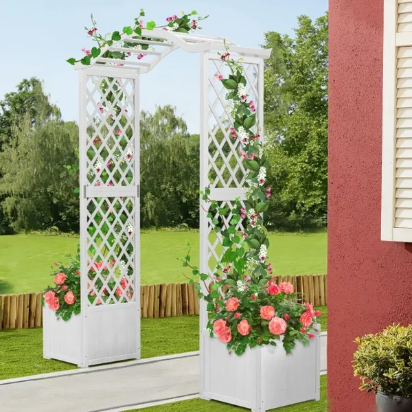 Arche de Jardin avec Jardinière en Bois avec Treillis Pergola Extérieur pour Plantes Grimpantes Légumes Décoration Blanc