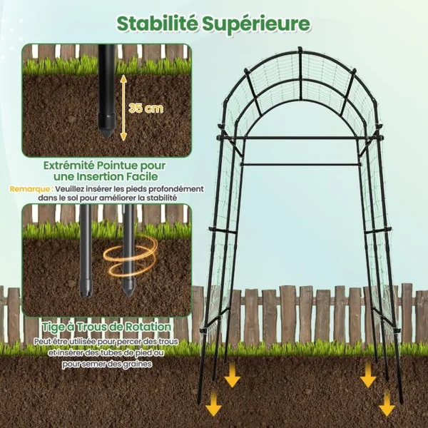 Arche de Jardin en Métal 230CM pour Plantes Grimpantes Treillis pour Concombres Revêtu PE Décoration pour Commémoration Fête d'Anniversaire Noir