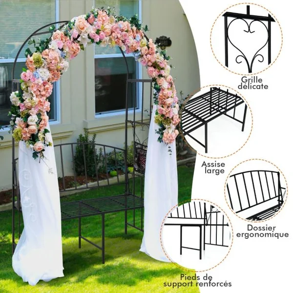 Arche de Jardin en Métal Banc 2 Places pour Plantes Grimpantes Décoration de Fête Tonnelle de Jardin Charge 300 KG