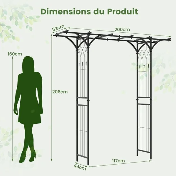 Arche de Jardin en Métal Revêtu de Poudre pour Plantes Grimpantes Arceau à Rosiers Imperméable 208x52x208 cm