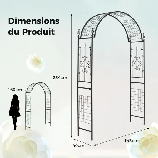 Arche de Jardin Moderne en Métal pour Plantes Grimpantes Treillis de Jardin avec Toit Élégant Arche Décorative 143 x 40 x 234 cm Noir