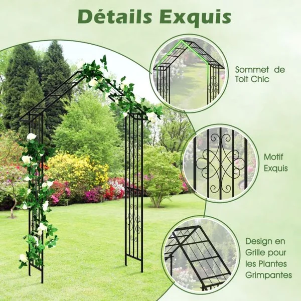 Arche de Jardin Moderne en Métal pour Plantes Grimpantes Treillis de Jardin Extérieur avec Toit Élégant 140 x 40 x 223 cm Noir