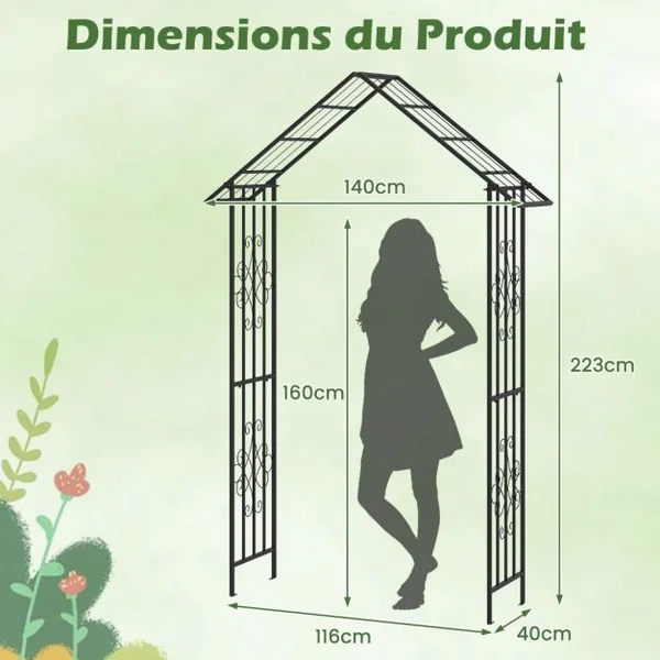 Arche de Jardin Moderne en Métal pour Plantes Grimpantes Treillis de Jardin Extérieur avec Toit Élégant 140 x 40 x 223 cm Noir