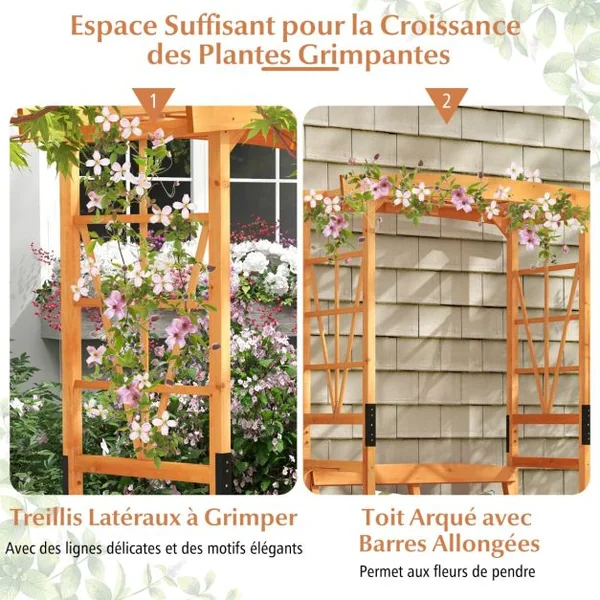 Arche de Jardin pour Plantes Grimpantes avec Banc 2 Places à Charge 300KG 120x58x189cm Siège Décoratif Vigne Rosier en Bois Extérieure Jaune