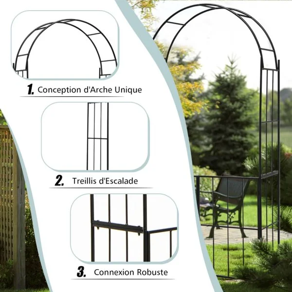 Arche en Treillis de Jardin 230CM avec Porte pour Plantes Grimpantes Arceau à Rosiers en Métal Décoration Noir