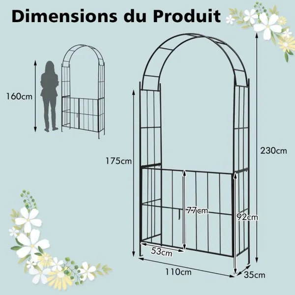 Arche en Treillis de Jardin 230CM avec Porte pour Plantes Grimpantes Arceau à Rosiers en Métal Décoration Noir