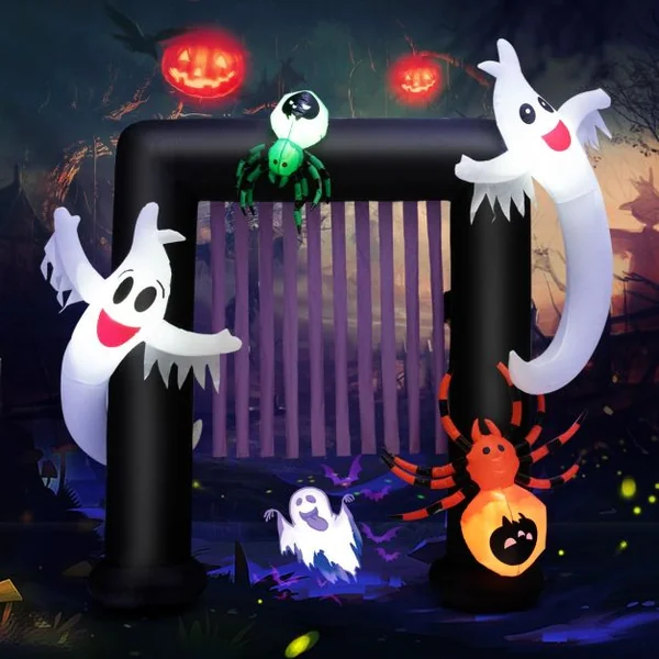 Arche Halloween Gonflable 230x70x223 CM (LxlxH) - 2 Fantômes Hantés et 2 Araignées - Lumière LED avec Gonfleur Etanche
