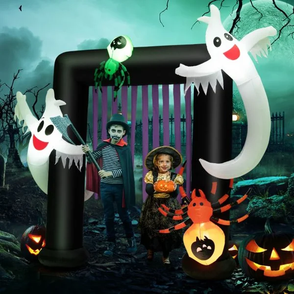 Arche Halloween Gonflable 230x70x223 CM (LxlxH) - 2 Fantômes Hantés et 2 Araignées - Lumière LED avec Gonfleur Etanche