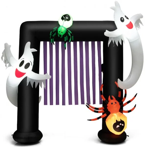 Arche Halloween Gonflable 230x70x223 CM (LxlxH) - 2 Fantômes Hantés et 2 Araignées - Lumière LED avec Gonfleur Etanche