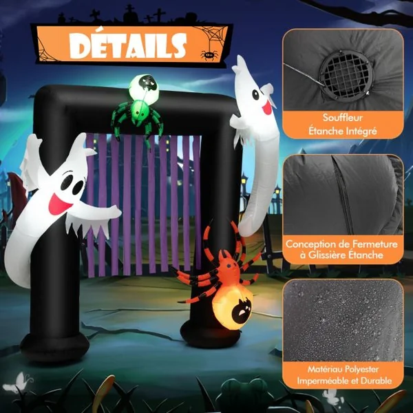 Arche Halloween Gonflable 230x70x223 CM (LxlxH) - 2 Fantômes Hantés et 2 Araignées - Lumière LED avec Gonfleur Etanche