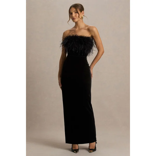 Arella | Robe Longue en Velours Noir à Encolure Bardot avec Bordure en Plumes