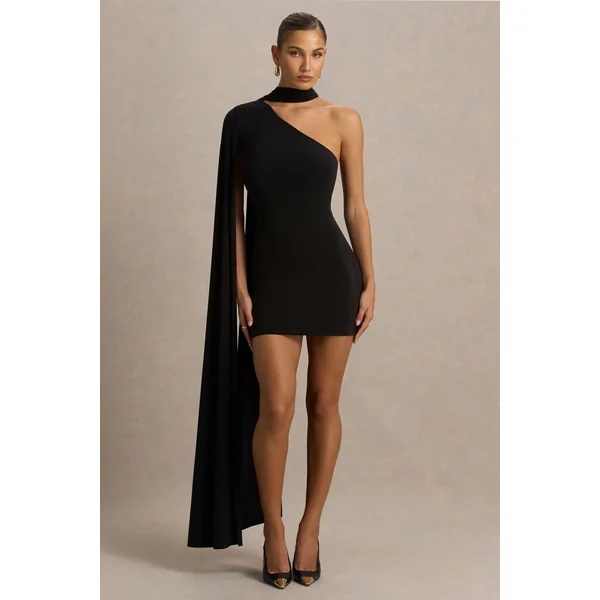 Arianne | Mini-robe noire à décolleté asymétrique avec détail écharpe