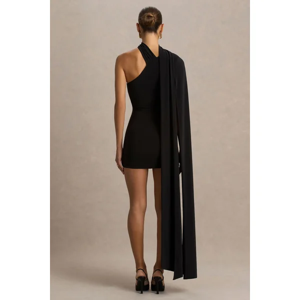 Arianne | Mini-robe noire à décolleté asymétrique avec détail écharpe
