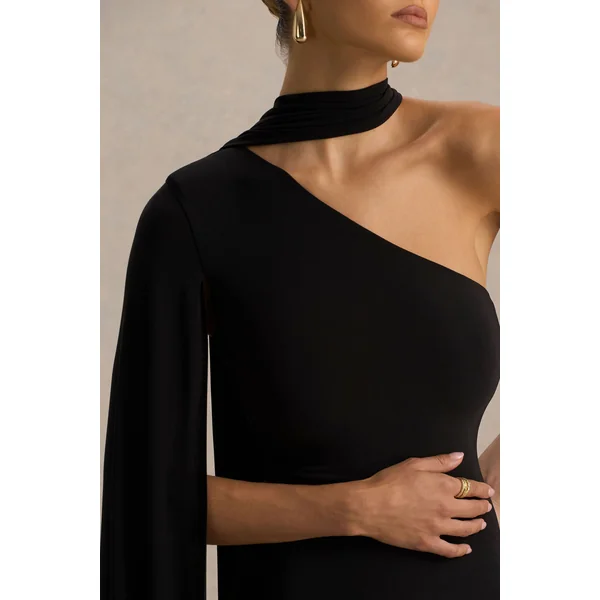 Arianne | Mini-robe noire à décolleté asymétrique avec détail écharpe