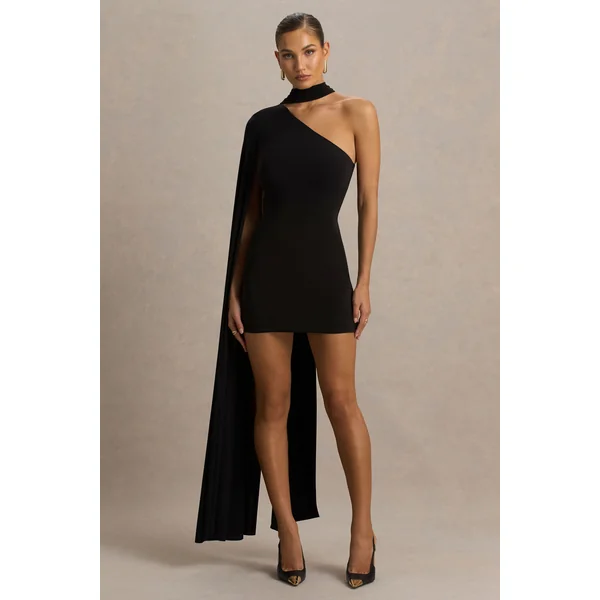 Arianne | Mini-robe noire à décolleté asymétrique avec détail écharpe