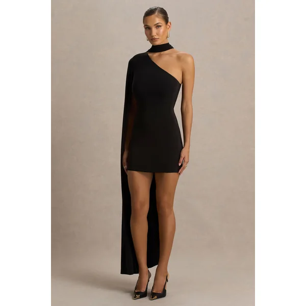 Arianne | Mini-robe noire à décolleté asymétrique avec détail écharpe