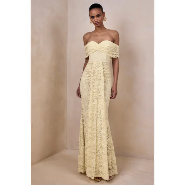 Aries | Robe longue en dentelle citron à décolleté bardot avec détails froncés