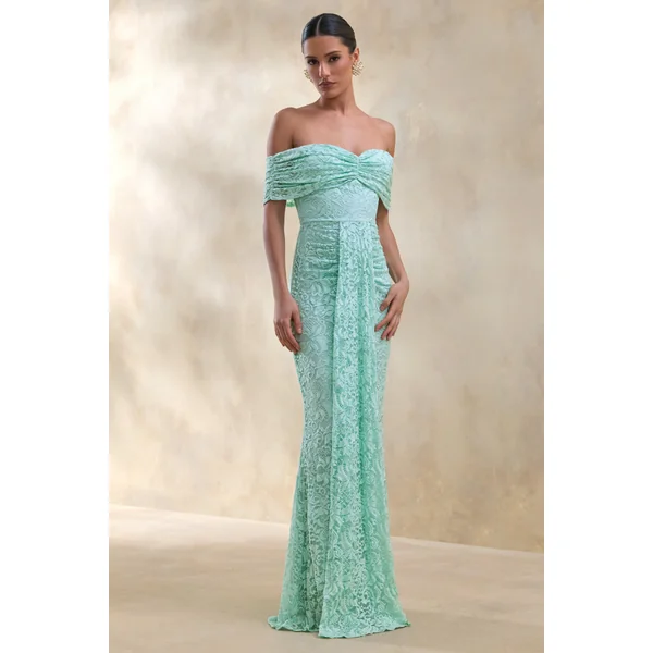 Aries | Robe longue en dentelle menthe à décolleté bardot avec détails froncés