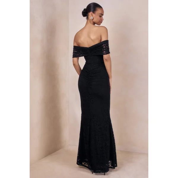 Aries | Robe longue noire en dentelle à encolure bardot et détails froncés