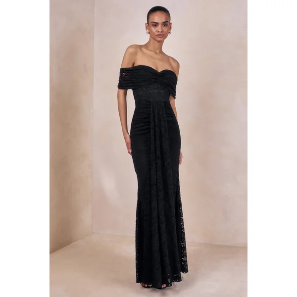 Aries | Robe longue noire en dentelle à encolure bardot et détails froncés