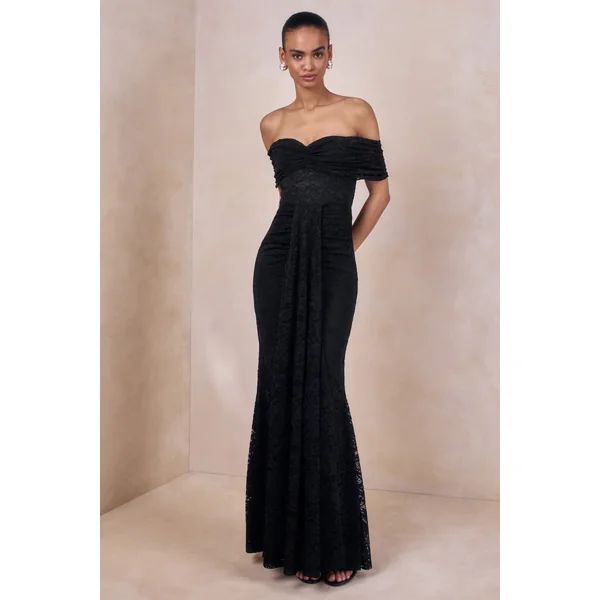 Aries | Robe longue noire en dentelle à encolure bardot et détails froncés