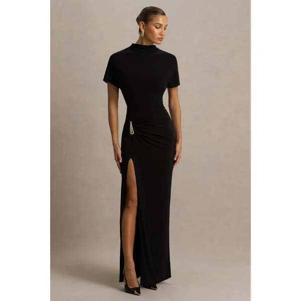 Arlena | Robe longue noire à col montant et drapé croisé