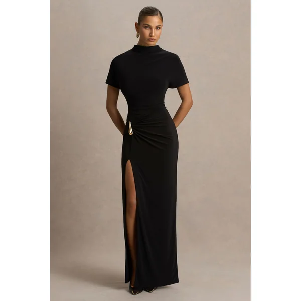 Arlena | Robe longue noire à col montant et drapé croisé