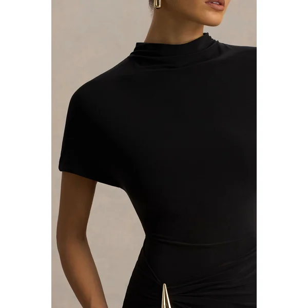 Arlena | Robe longue noire à col montant et drapé croisé