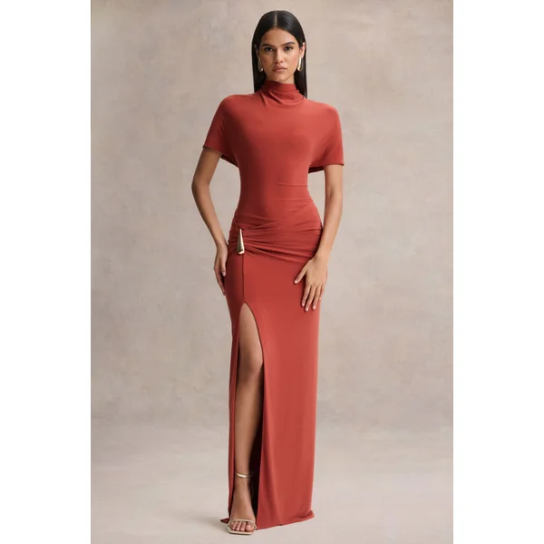 Arlena | Robe longue rouille à col montant et drapé croisé