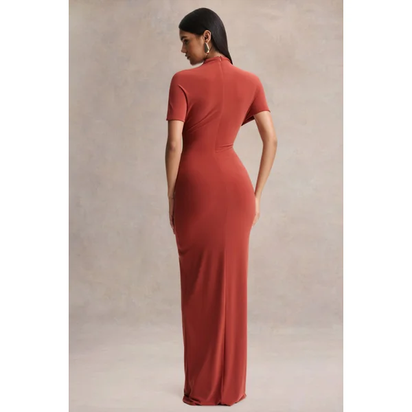 Arlena | Robe longue rouille à col montant et drapé croisé