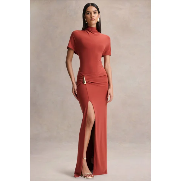 Arlena | Robe longue rouille à col montant et drapé croisé
