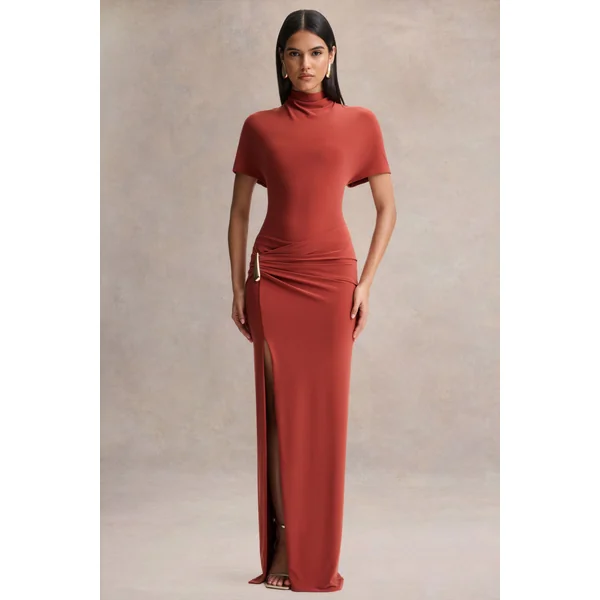 Arlena | Robe longue rouille à col montant et drapé croisé