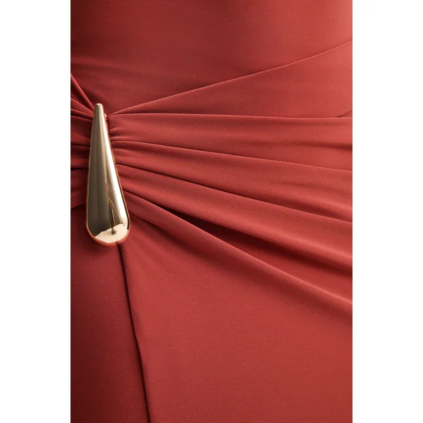 Arlena | Robe longue rouille à col montant et drapé croisé