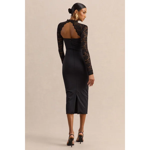 Arlune | Robe mi-longue noire à encolure haute avec manches longues en dentelle
