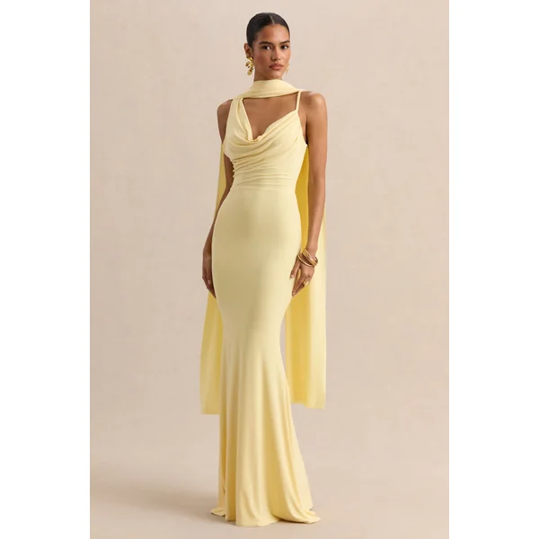 Armelia | Robe longue citron à col bénitier avec détail écharpe