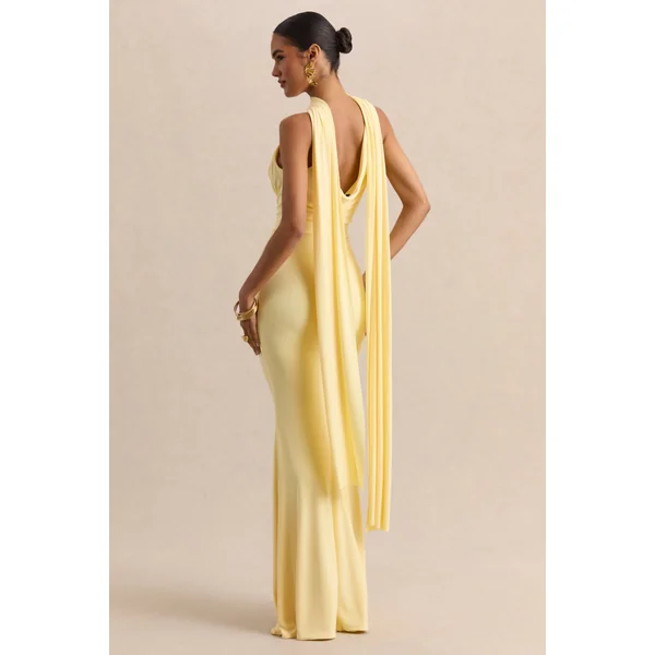 Armelia | Robe longue citron à col bénitier avec détail écharpe