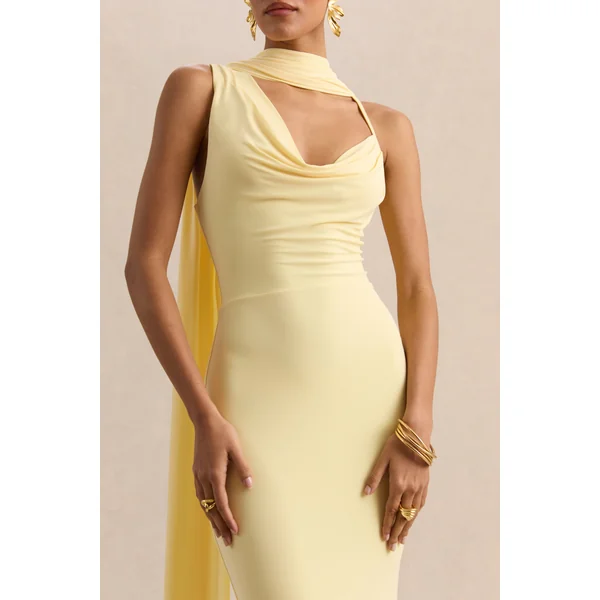 Armelia | Robe longue citron à col bénitier avec détail écharpe