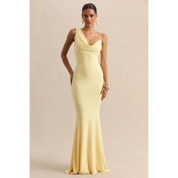 Armelia | Robe longue citron à col bénitier avec détail écharpe