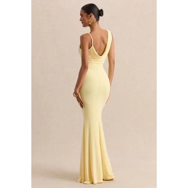 Armelia | Robe longue citron à col bénitier avec détail écharpe