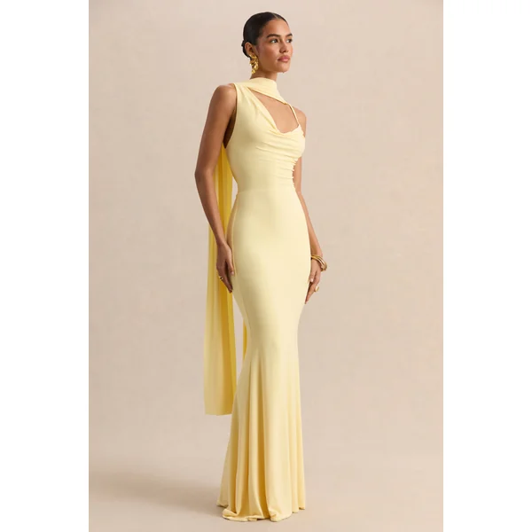 Armelia | Robe longue citron à col bénitier avec détail écharpe