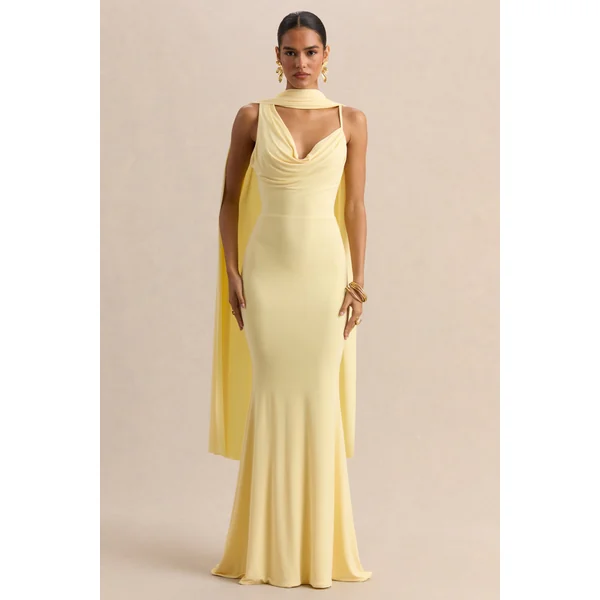 Armelia | Robe longue citron à col bénitier avec détail écharpe
