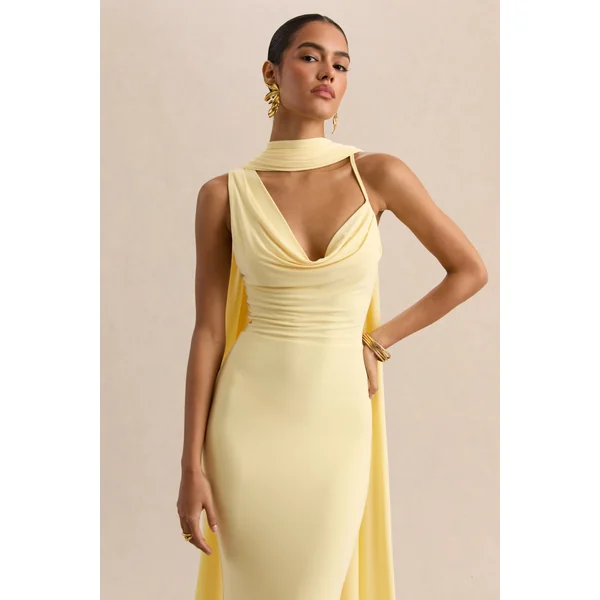Armelia | Robe longue citron à col bénitier avec détail écharpe