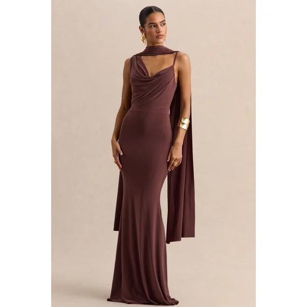 Armelia | Robe longue marron à encolure drapée avec détail écharpe