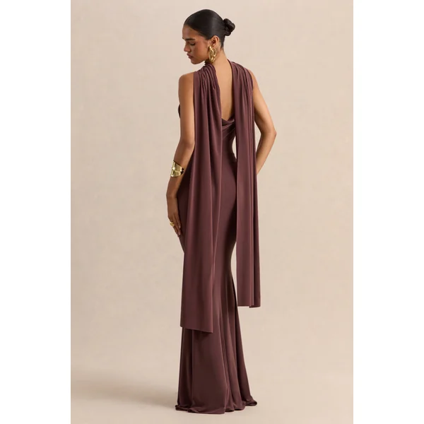 Armelia | Robe longue marron à encolure drapée avec détail écharpe